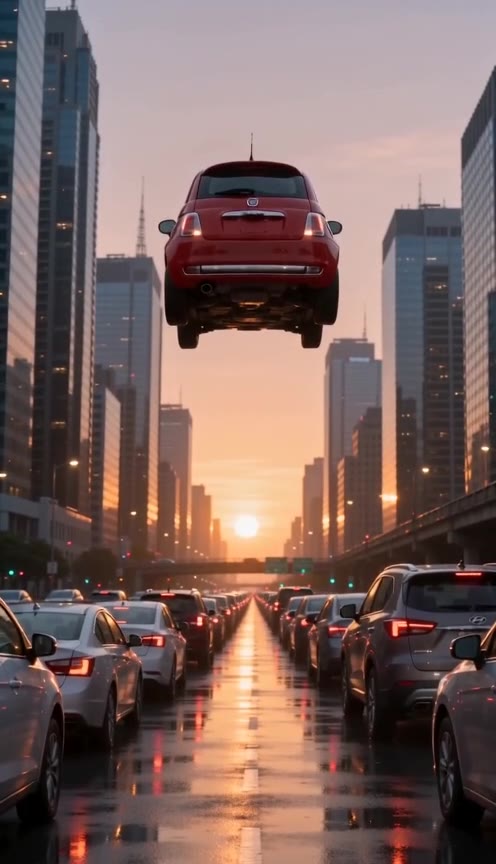 Fly out of traffic AI video (Fast draft sample)